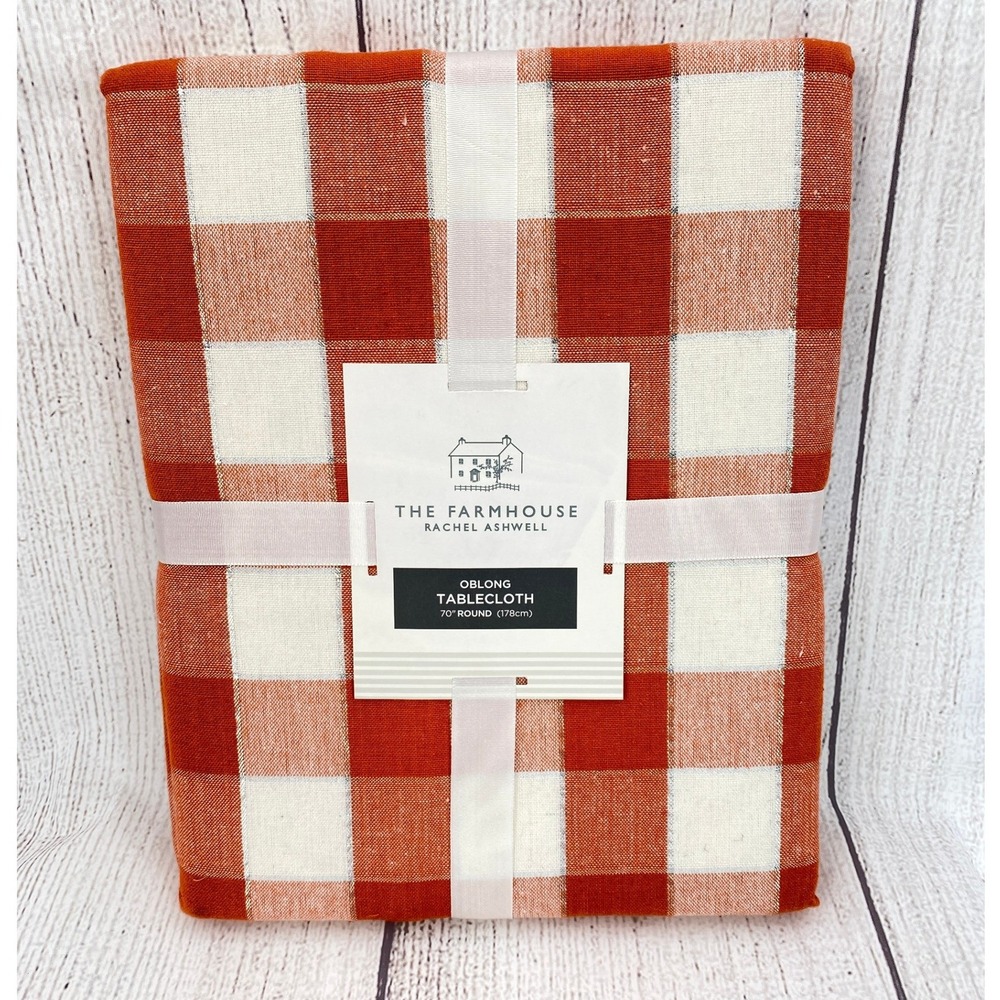 The Farmhouse Rachel Ashwell Tablecloth 60x104 Orange Buffalo Check Metallic